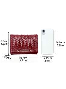 Women's Wallet, Compact Cute Coin Purse, Tri-Fold Burgundy Woven PU Leather Wallet, Multi-Card Slots With Snap Closure - Burgundy - View 2