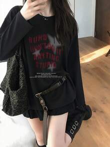 女款時尚秋冬寬鬆百搭圓領休閒字母與星星印花長袖T恤 - 黑色 - 查看 3