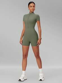 MFVIM Women's Slimming Jumpsuit, Half-Zip Stand Collar Fitted Design, Comfortable Casual Sports Running Outfit, Spring/Summer/Autumn - Mint Green - View 8