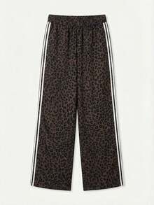 Plus Size Women's Leopard Print Straight Leg Pants With White Side Stripes, Warm And Comfortable For Autumn Wear - Coffee Brown - View 3