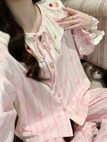 2pcs/Set Women's Pajamas Loungewear Set, Bow Print Frill Trim Fashion Cardigan Long Sleeve Pants, Easy Care Fabric - Pink - View 6