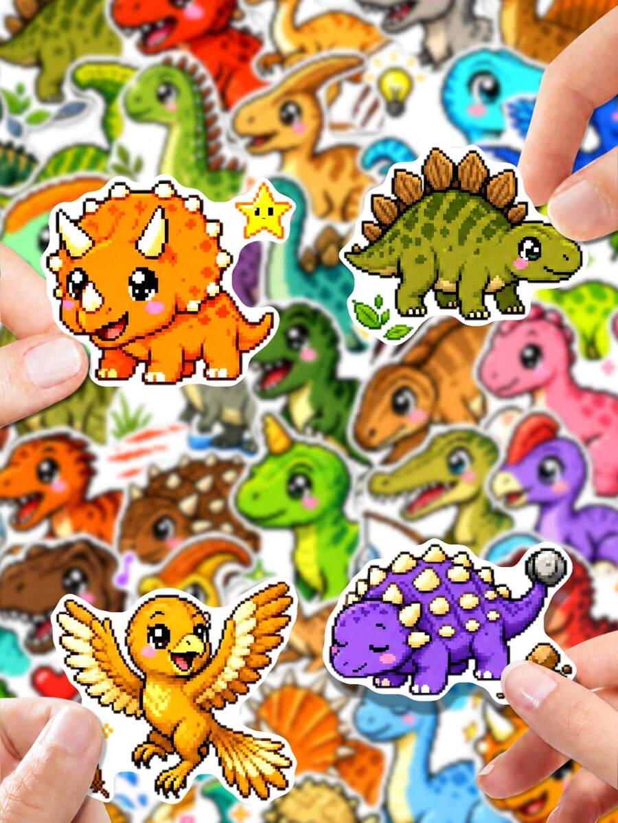50Pcs Pixel Cute Dinosaur Stickers, Q‑Version Pixel‑Style Colorful Cartoon Dinosaur Figures, Adorable Big‑Eye Art Style, Decorate For Journal, Water Bottle, Luggage, Skateboard, Notebook, Phone Case, Storage Box - Multicolor - View 1