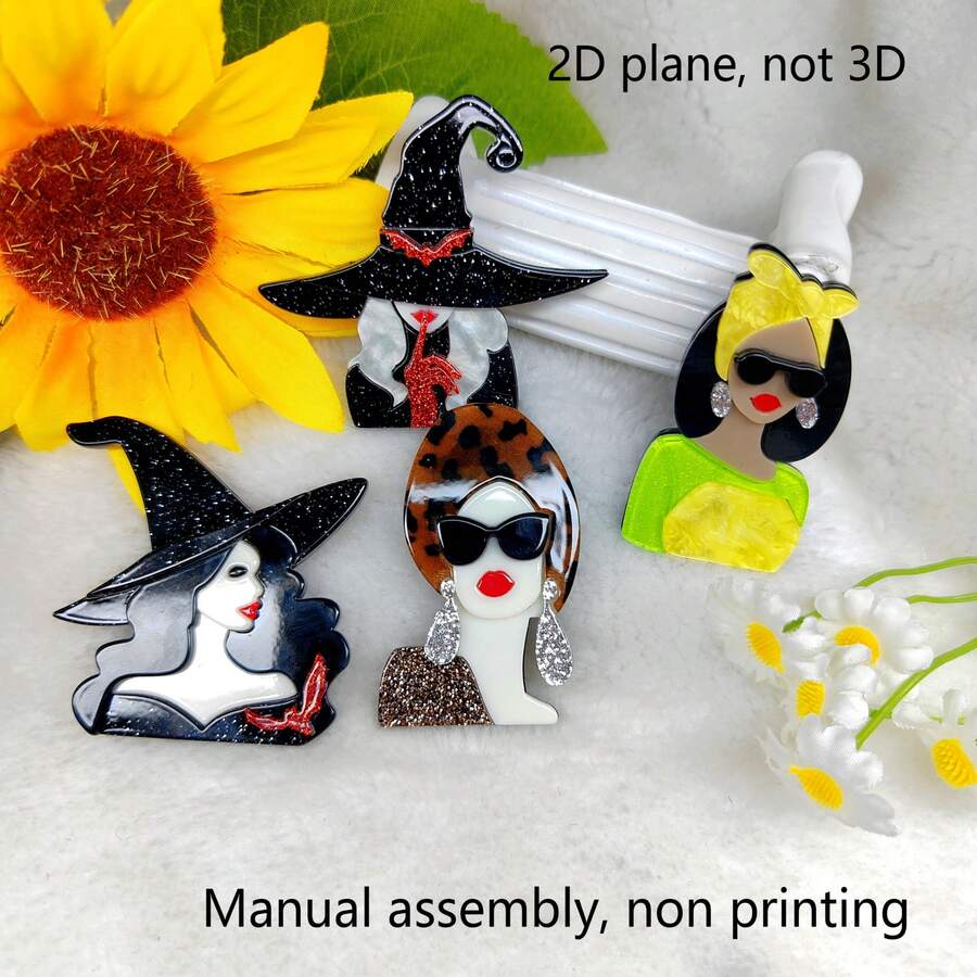 2D Flat Acrylic Brooch, 1pc Classic Fashion Pure Style High-End Mixed Color Girl & Witch Design, Shiny Effect - A - View 1