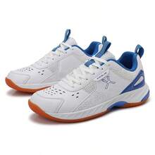 Men Lace‑Up Badminton Shoes Breathable Mesh Upper Indoor Court Training Athletic Sports Sneakers - White and Blue - View 6