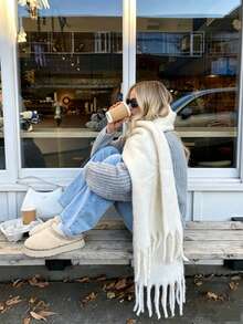 1pc Women's Solid Color Mohair Scarf, Autumn/Winter New Integrated Collar Design Korean Style Premium Thick Warm Shawl, Suitable For Daily Wear Matching Dresses - White a - View 3