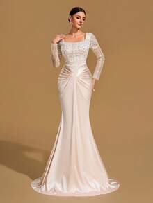 Elegant Women's Square Neck Long Sleeve Cocktail Dress With Pearl Drape Details, Romantic Party Dress - Champagne - View 7