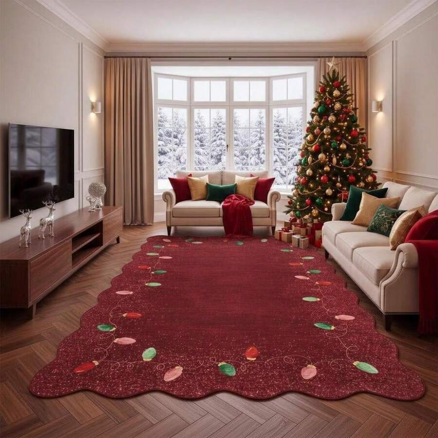 Wanfeeso Red Shaped Christmas Rug With Christmas Light Bulb Pattern – Unique Holiday Area Rug For Living Room, Entryway & Festive Home Decor - Red - View 1