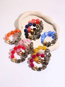 Leopard Print Colorblock Square Bead Elastic Bracelet, Bohemian Style Colorful Beaded Women's Party & Vacation Accessory - Yellow - View 2