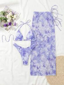 HOTTIE HABIT Women's Blue Tie Dye Triangle 3 Pieces Bikini Set, High Cut Ruched Cover Up Skirt, Summer Beach Pool Vacation - Mauve Purple - View 4