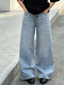Youth Girl Y2K Casual Basic Loose Blue Jeans - Blue - View 3
