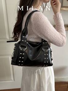 1pc Rivet Multifunctional Black Bag, Vintage Motorcycle Style Rivet Decor PU Leather Shoulder Bag, Punk Rock Style Underarm Bag, Suitable For Commuting, Dating, Party And Music Festival - Black - View 2