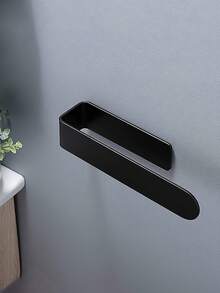 1Pc Practical No‑Drill Towel Bar, Metal Material, Modern Minimalist Style Solid Black Rectangular Shape Dual‑Groove Integrated Storage Slot Detail Multi‑Purpose Wall Mounted Towel Holder For Bathroom Vanity Wall Storage - Multicolor - View 6