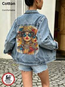 Women's Denim Jacket, Vintage Fashion Lady Print, White Ink Direct-To-Garment Printing, Vintage Washed Loose Fit - Light Denim Blue - View 6
