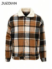 1pc Yellow Plaid Lapel Men's Jacket, Autumn/Winter Men's Outerwear, Vintage Old Money Style, Soft Fur Collar Patchwork Plaid Design, Machine Washable, Daily Commute, Vacation Style, Gentleman Elegant Men's Top - Yellow - View 6