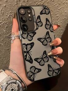 1 buah Casing Ponsel Motif Kupu-kupu Hitam dengan Latar Belakang Abu-abu Matte, Casing Ponsel Estetik Motif Serangga Vintage, Pelindung Ponsel Anti Jatuh untuk Wanita Modis, Kompatibel dengan Perangkat Android, Kompatibel dengan Ponsel , Moto, dan Seri Lainnya - Hitam - View 1