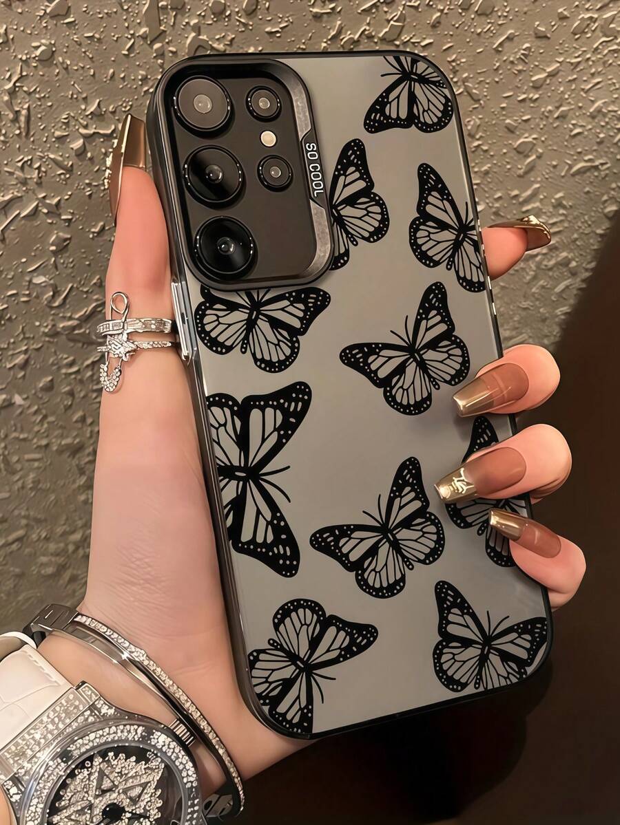 1 buah Casing Ponsel Motif Kupu-kupu Hitam dengan Latar Belakang Abu-abu Matte, Casing Ponsel Estetik Motif Serangga Vintage, Pelindung Ponsel Anti Jatuh untuk Wanita Modis, Kompatibel dengan Perangkat Android, Kompatibel dengan Ponsel , Moto, dan Seri Lainnya - Hitam - View 1