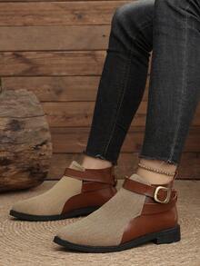 Women's Fashion Pointed Toe Autumn/Winter Plus Size Buckle Slip-On Colorblock Ankle Boots And Ankle Boots - Brown - View 4
