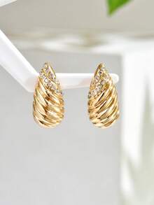 1 Pair European And American Fashion Rhinestone Inlaid Spiral Teardrop Earrings For Women - Gold - View 2