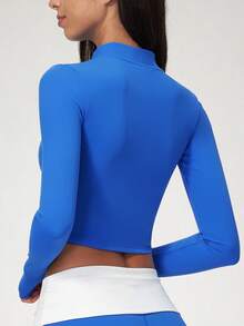 NcmRyu Women's 1pc Solid Color Stand Collar Zip-Up Thumbhole Cuff Short Jacket Coat, Autumn/Winter - Blue - View 3