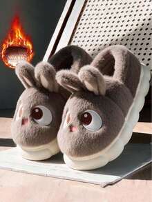 Winter New Cute Cartoon Rabbit Thermal Lined Warm Minimalist Comfortable Plush Closed-Back Slippers - Brown - View 1