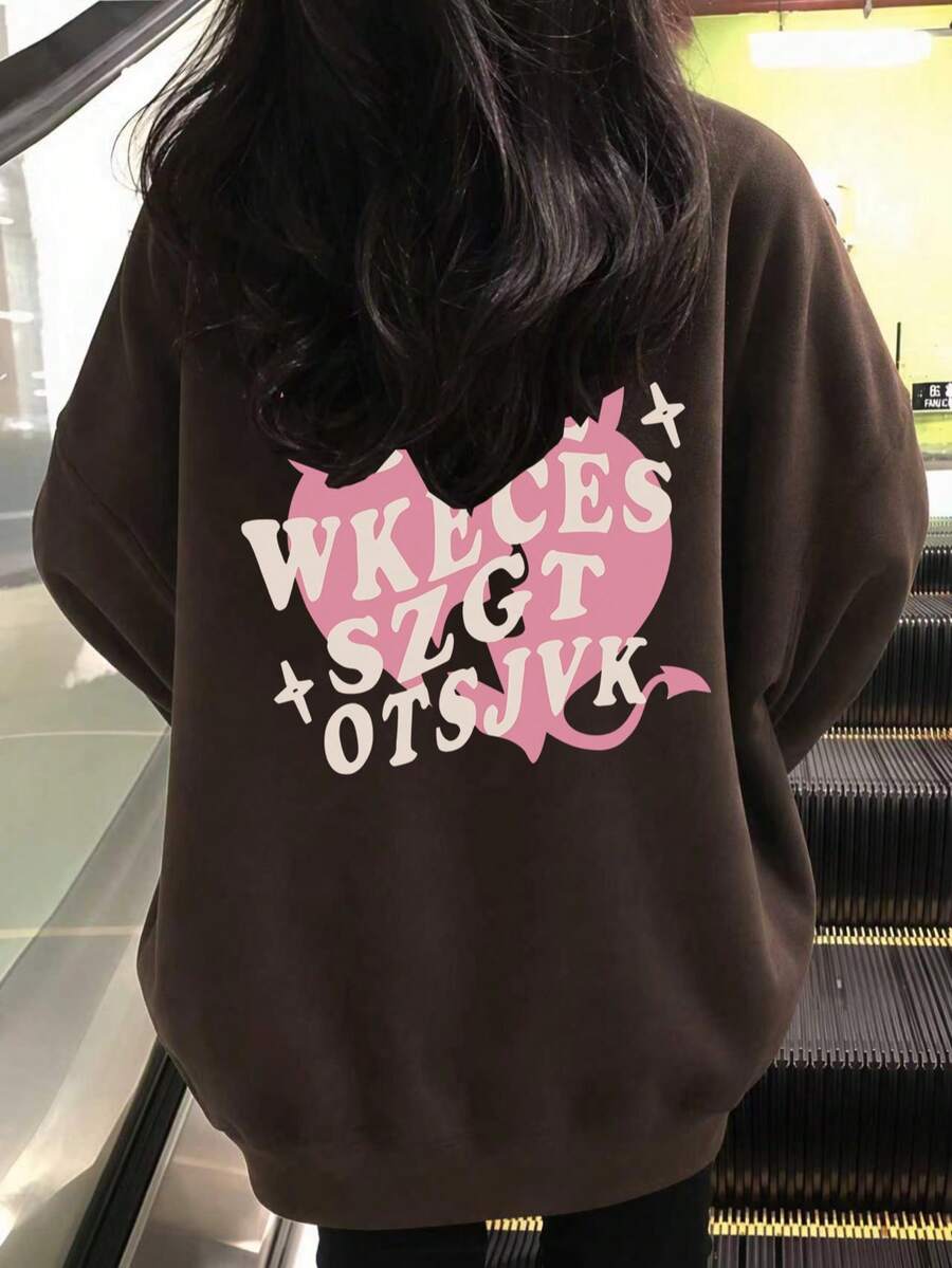 Sweet Cool Style Pink Heart & Devil Horn Text Print Black Crew Neck Sweatshirt, Lazy Long Sleeve Autumn Top For Students - Black - View 1