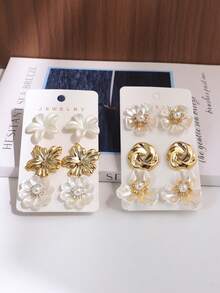 6/12PCS Fashionable Personalized Elegant Pearl Flower Rhinestone Gold Geometric Earrings Set Suitable For Party, Banquet, Travel, Wedding, Vacation, Daily Wear Jewelry Gift (Lightweight ABS Material, Non-Fading) - Gold - View 4