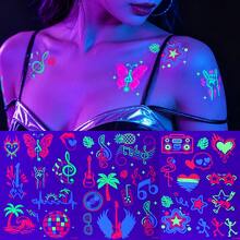 3 Sheets UV Neon Glow Temporary Tattoo Stickers, Colorful Music Butterfly Disco Pattern Fluorescent Body Face Stickers, UV Light Reactive Tattoos For Rave Festival, Carnival, Club Party, Halloween Body Decorations - Multicolor - View 2