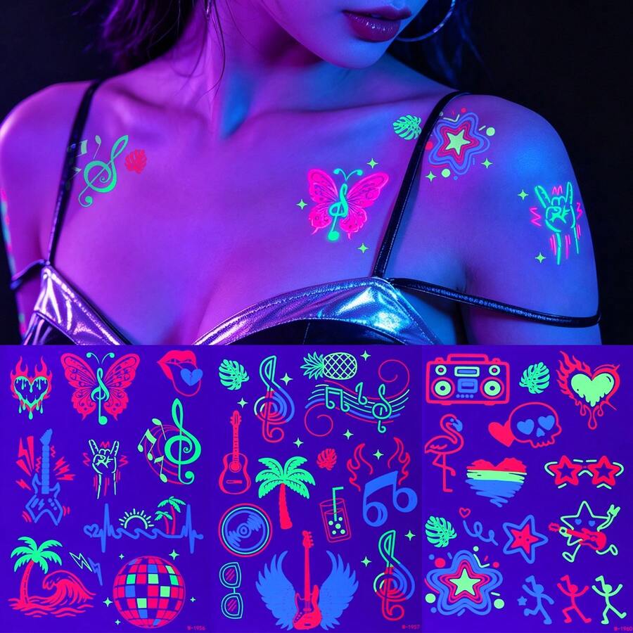 3 Sheets UV Neon Glow Temporary Tattoo Stickers, Colorful Music Butterfly Disco Pattern Fluorescent Body Face Stickers, UV Light Reactive Tattoos For Rave Festival, Carnival, Club Party, Halloween Body Decorations