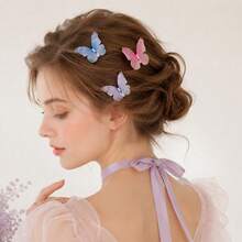 10pcs 3D Double Layer Sheer Mesh Butterfly Appliques With Rhinestones, Gradient Color Polyester Butterfly Charms For Hair Clips, DIY Wedding Craft - Butterfly - View 4