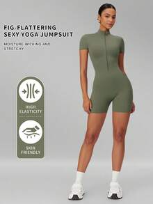 MFVIM Women's Slimming Jumpsuit, Half-Zip Stand Collar Fitted Design, Comfortable Casual Sports Running Outfit, Spring/Summer/Autumn - Mint Green - View 3