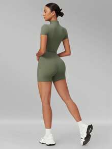 MFVIM Women's Slimming Jumpsuit, Half-Zip Stand Collar Fitted Design, Comfortable Casual Sports Running Outfit, Spring/Summer/Autumn - Mint Green - View 10