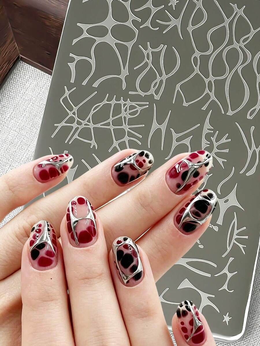 1pc Abstract Twisted Line Nail Stamping Plate 3D Irregular Spider Web Flame Star Pattern Nail Art Template Reusable DIY Manicure Printing Tool For Y2K Punk Gothic Nail Decoration Stainless Steel Nail Stamp Plate - Multicolor - View 1