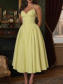 Women's Solid Color Side Splice Ruched Bust Cup Sexy Elegant Elegant Fashion Vacation Wedding Party Spaghetti Strap Dress Summer Yellow - Yellow - View 2