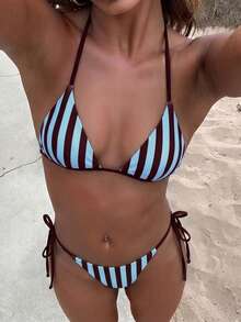 Women's Fashion Purple 2 Pieces Bikini Swimsuit Set, Summer Beach Vacation Style, Random Print - Blue-brown - View 2