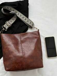 Tas Hobo dengan Tali Geometris, Tas Selempang Kapasitas Besar, Tas Bahu Gaya Retro Wanita - Coklat - View 4
