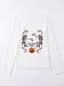 Halloween Off‑Shoulder Oversized Long‑Sleeve Top, Dancing Skeleton Pumpkin Print Casual Fall Tee - White - View 6