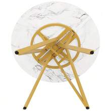 Matgrupp (5 delar), inklusive ett bord och fyra stolar, ett modernt köksset, ett runt bord 100 cm i diameter med guldfärgade metallben och MDF-skiva i marmorlook, samt grå stolar. - Guld - Visa 9