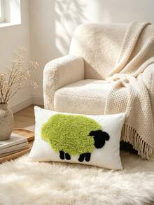 Ins Style 3D Towel Embroidery Sheep Cushion Cover, Fluffy Tufted Velvet Pillowcase, Minimalist Home Decor, Suitable For Sofa, Bed, Living Room, Bedroom - Green - View 4