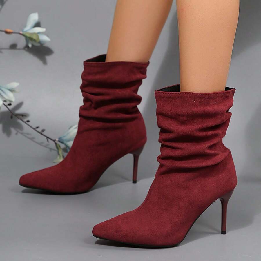 Sexy Pointed Toe Stiletto High Heel Ankle Boots For Women, Ruched Shaft, Suede Texture, Commute, Date, Fashion Ankle Boots - Red - View 1