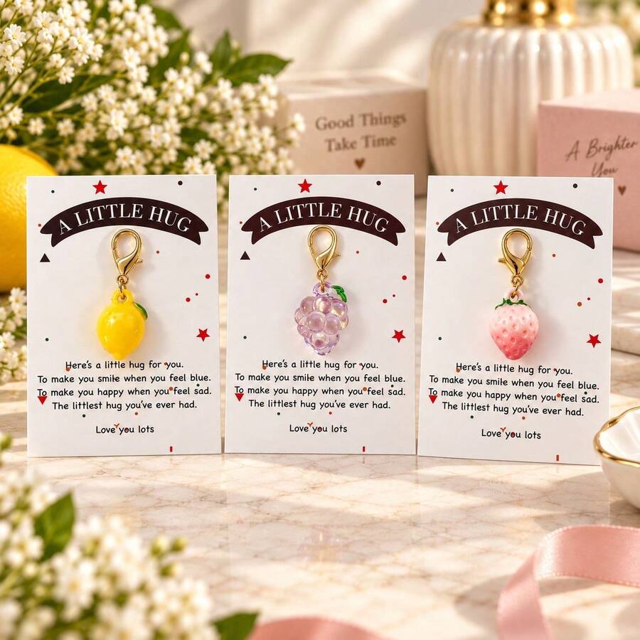 1pc/3pcs Women's Transparent Fruit Strawberry Apple Grape Resin Fruit Lemon Peach Strawberry Pendant With Blessing Card Creative Bag Charm Gift For Friends Wallet Accessory - Multicolor - View 1