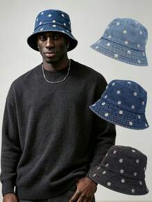 1pc Men's Daisy Embroidered Denim Bucket Hat, Streetwear Vintage Autumn/Winter Versatile Denim Bucket Hat - A - View 6