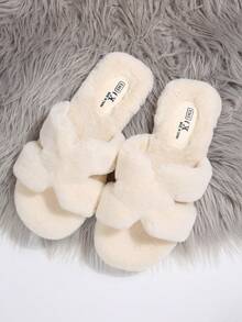 2026 New Cloud-Like Soft Style Autumn/Winter Plush H-Strap Slippers For Women, Open Toe Faux Rabbit Fur House Slippers, Soft Non-Slip Indoor/Outdoor Wearable Cotton Plush Slouchy Slippers - White - View 3