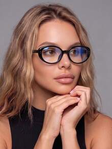 1 Pair Women's Black Oval Daily Commute Outfit Personalized Rivet Decor Vintage Clear Lens Glasses - Black - View 1