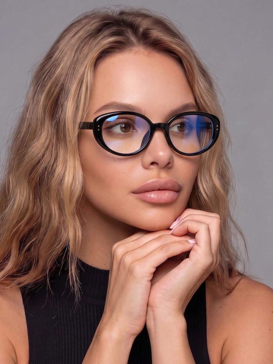 1 Pair Women's Black Oval Daily Commute Outfit Personalized Rivet Decor Vintage Clear Lens Glasses - Black - View 1