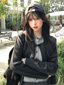 Early Autumn Korean Style Premium Grey 2 In 1 Knit Cardigan Sweater Loose Fit Outerwear Top For Women - Dark Grey - View 5