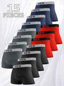 15 Pcs Men's Solid Color Soft Boxer Briefs, Fashion And Comfort, Suitable For Wearing In All Seasons, Lightweight, Leisure At Home, Innovative Design. - Multicolor - View 1