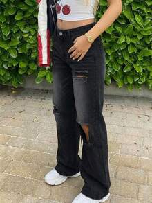 Women's Casual Washed Distressed Raw Hem Wide Leg Jeans - Black - View 5