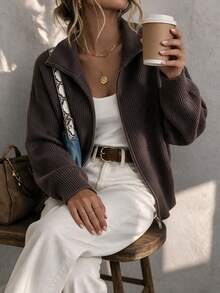 1pc Women's Knitted Cardigan With Lapel Collar And Zipper Design, Loose Fit Slouchy Knit Sweater, New Arrival For Autumn/Winter - Brown - View 7