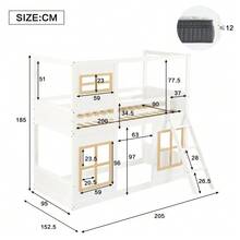 Bunk Bed, Children's Bed, With Beautiful Window, Stable Step Ladder, With Four-Sided Railing, Pine + MDF + Plywood, White + Natural, 90x200cm - White+Natural - View 2