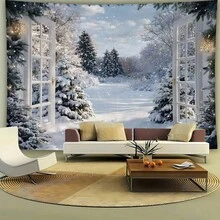 1pc Wall Tapestry Open Door Winter Snow Landscape Print Wall Hanging Snow Covered Pine Tree Falling Snow Festive Light Pattern Wall Decor For Bedroom Living Room Dorm Sofa Background Aesthetic Cloth For Holiday Party Photoshoot Backdrop Interior - Multicolor - View 2